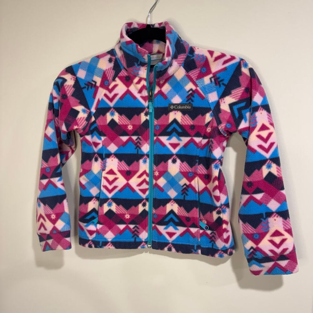 Columbia Girls Full Zip Up Fleece Jacket Pink Blue Kids Size Extra Small 6-6X